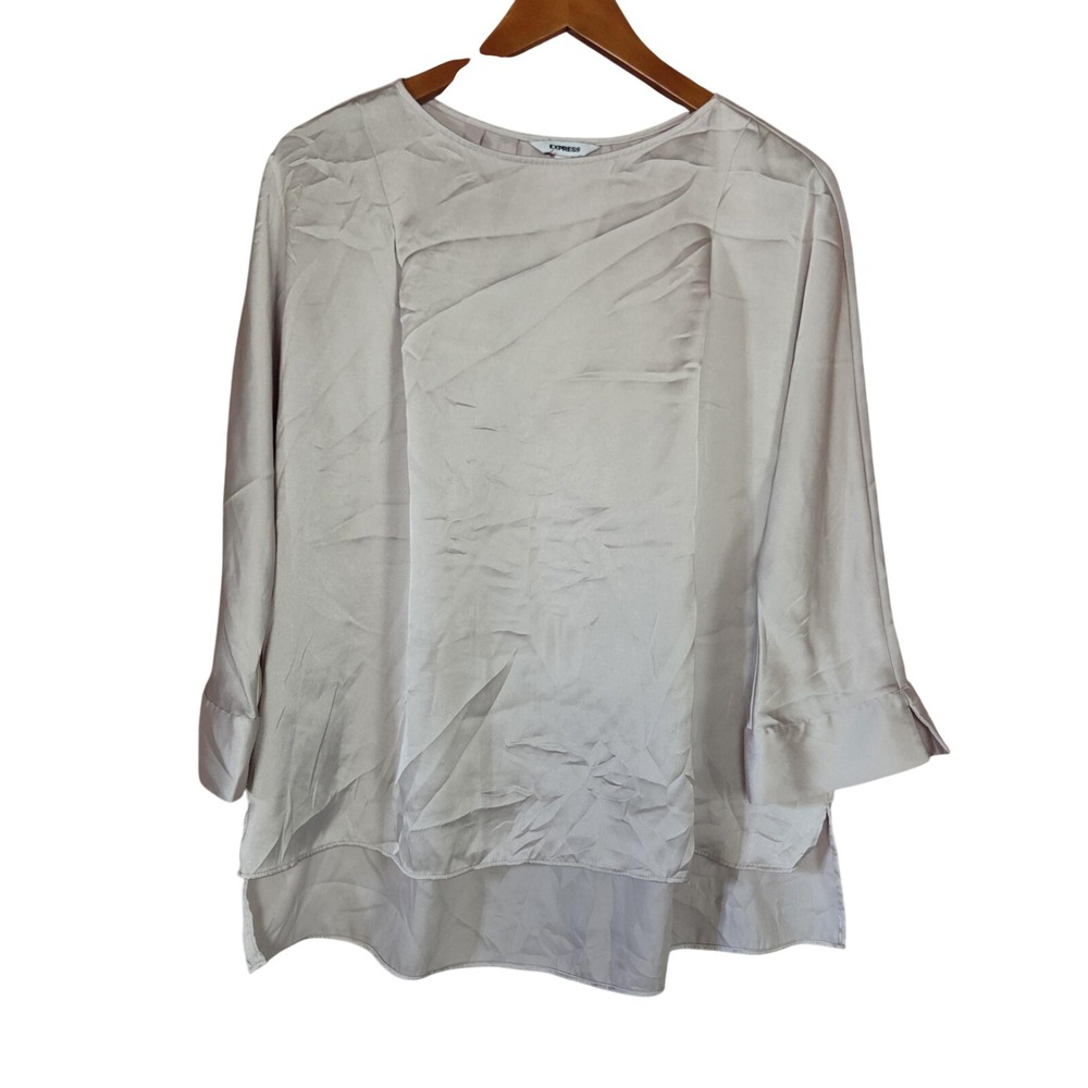 Express Blouse Womens Medium White Boat Neck 3/4 Sleeve Layered Hem Woven Top